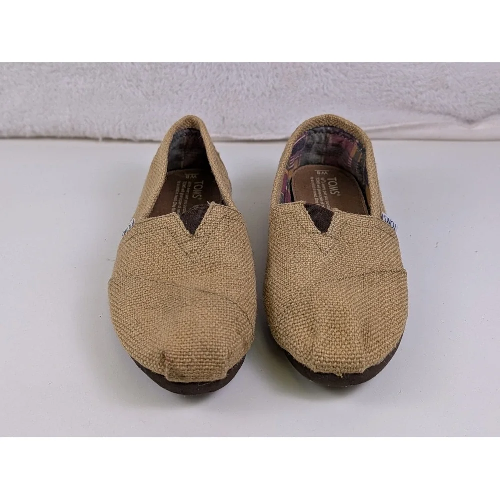 TOMS Womens Tan Burlap Canvas Alpargata Slip On Shoes Plaid Lined Size 8